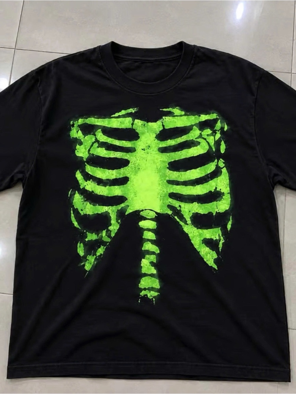 Gildan Black Tee with Neon Green Skeleton Chest Print